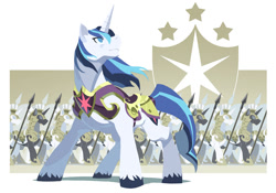 Size: 1500x1050 | Tagged: safe, artist:np447235, royal guard (mlp), shining armor (mlp), equine, fictional species, mammal, pony, unicorn, feral, friendship is magic, hasbro, my little pony, 2012, abstract background, armor, army, guard, hair, hooves, horn, male, mane, shield, spear, stallion, standing, unshorn fetlocks, weapon