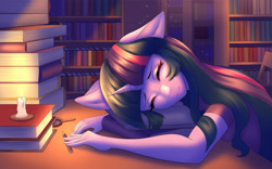 Size: 1260x788 | Tagged: safe, artist:hellcat120, twilight sparkle (mlp), equine, fictional species, mammal, pony, unicorn, anthro, friendship is magic, hasbro, my little pony, 2022, anthrofied, book, bookshelf, candle, chair, clothes, digital art, eyes closed, female, floppy ears, hair, horn, indoors, library, long hair, magnifying glass, mare, one ear down, pencil, shirt, sitting, sleeping, solo, solo female, table, topwear
