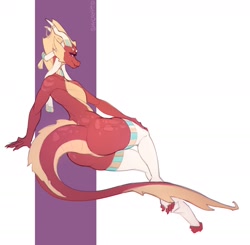 Size: 1974x1938 | Tagged: suggestive, artist:cryptidshy_nsfw, oc, oc:pyrexia (cryptidshy), dragon, fictional species, anthro, big butt, butt, clothes, featureless crotch, female, horns, legwear, solo, solo female, stockings, tail, thick thighs, thighs, wide hips