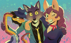 Size: 2729x1668 | Tagged: safe, artist:faunsipaws, daisuke jigen (lupin iii), diane foxington (the bad guys), fujiko mine (lupin iii), mr. snake (the bad guys), mr. wolf (the bad guys), canine, fox, mammal, reptile, snake, wolf, anthro, feral, arsène lupin iii (lupin iii), dreamworks animation, lupin iii, the bad guys, 2022, beard, breasts, cigarette, cleavage, clothes, crossover, facial hair, female, group, grumpy, hat, headwear, looking at you, male, one eye closed, smiling, smiling at you, trio, vixen, winking