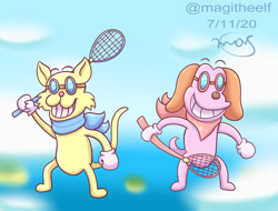 Size: 1347x1026 | Tagged: safe, artist:magitheelf, baxter (rhythm heaven), forthington (rhythm heaven), canine, cat, dog, feline, mammal, semi-anthro, nintendo, rhythm heaven, badminton, bandanna, clothes, cloud, creepy smile, duo, duo male, goggles, holding, holding object, island, male, males only, ocean, racket, signature, sky, smiling, tail, water, watermark