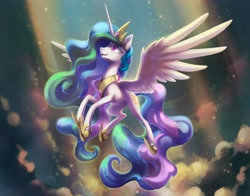 Size: 6379x5010 | Tagged: source needed, safe, artist:dawnfire, artist:nadnerbd, princess celestia (mlp), alicorn, equine, fictional species, mammal, pony, friendship is magic, hasbro, my little pony, absurd resolution, cloud, crown, cute, feathered wings, feathers, female, flying, headwear, hooves, horn, jewelry, looking up, mare, raised hoof, regalia, sky, solo, solo female, sparkly hair, sparkly mane, sparkly tail, spread wings, sunbeam, sunlight, tail, white body, white wings, wings