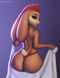 Size: 987x1280 | Tagged: suggestive, artist:aozee, oc, oc only, lagomorph, mammal, rabbit, anthro, 2022, bedroom eyes, bikini, bikini bottom, clothes, commission, digital art, ears, eyelashes, female, floppy ears, fur, hair, looking back, partial nudity, pink nose, rear view, simple background, solo, solo female, swimsuit, tail, thighs, topless, towel, wedgie, wide hips