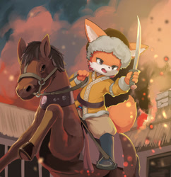 Size: 1024x1056 | Tagged: safe, artist:luckypupa, canine, equine, fox, horse, mammal, anthro, feral, plantigrade anthro, 2021, ambiguous gender, cavalry, history, military, mongolia, riding, riding on back, sword, weapon