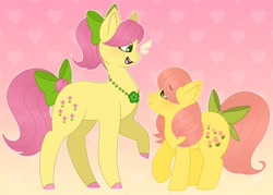 Size: 1724x1234 | Tagged: safe, artist:fluffytrashbin, posey (mlp g5), earth pony, equine, fictional species, mammal, pony, hasbro, my little pony, my little pony (g1), my little pony g5, spoiler:my little pony g5, 2022, bow, duo, duo female, female, females only, gradient background, hair, hair bow, heart, heart background, hooves, jewelry, looking at each other, looking at someone, mare, necklace, open mouth, open smile, ponytail, posey (mlp g1), raised hoof, size difference, smiling, tail, tail bow