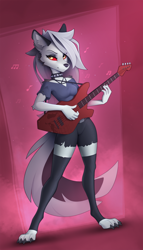 Size: 1420x2486 | Tagged: safe, artist:yakovlev-vad, loona (vivzmind), canine, fictional species, hellhound, mammal, anthro, digitigrade anthro, hazbin hotel, helluva boss, 2022, breasts, clothes, ear fluff, female, fluff, gray hair, guitar, hair, long hair, musical instrument, smiling, solo, solo female, tail, tail fluff, thighs
