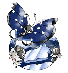 Size: 530x568 | Tagged: safe, artist:artsy-theo, part of a set, fictional species, insect, scatterbug, spewpa, vivillon, feral, nintendo, pokémon, 2017, 2d, ambiguous gender, group, lepidopteran, on model, simple background, trio, trio ambiguous, white background