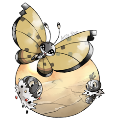 Size: 530x568 | Tagged: safe, artist:artsy-theo, part of a set, fictional species, insect, scatterbug, spewpa, vivillon, feral, nintendo, pokémon, 2017, 2d, ambiguous gender, group, on model, simple background, trio, trio ambiguous, white background