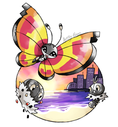 Size: 530x568 | Tagged: safe, artist:artsy-theo, part of a set, fictional species, insect, scatterbug, spewpa, vivillon, feral, nintendo, pokémon, 2017, 2d, ambiguous gender, group, lepidopteran, on model, simple background, trio, trio ambiguous, white background