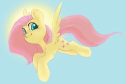Size: 1200x808 | Tagged: safe, artist:melodylibris, fluttershy (mlp), equine, fictional species, mammal, pegasus, pony, feral, friendship is magic, hasbro, my little pony, 2022, eyelashes, feathered wings, feathers, female, flying, hair, mane, mare, pink hair, pink mane, pink tail, smiling, solo, solo female, sun, tail, wings, yellow body