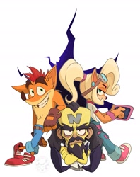 Size: 2377x3008 | Tagged: safe, artist:drdisappointmnt, coco bandicoot (crash bandicoot), crash bandicoot (crash bandicoot), dr. neo cortex (crash bandicoot), bandicoot, human, mammal, marsupial, anthro, crash bandicoot (series), female, group, male, trio