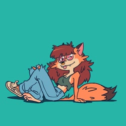 Size: 2048x2047 | Tagged: safe, artist:fox-popvli, canine, fox, mammal, red fox, anthro, barefoot, blep, breasts, cleavage, cute, cute little fangs, fangs, feet, female, glasses, looking at you, one eye closed, round glasses, shoe, single shoe, sitting, smiling, smiling at you, soles, solo, solo female, teeth, toes, tongue, tongue out, vixen, winking