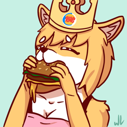 Size: 1080x1080 | Tagged: safe, artist:whitev, oc, oc only, oc:butterscotch the shiba inu, canine, dog, mammal, shiba inu, anthro, burger king, 2021, black nose, breasts, burger, cheese, cheeseburger, clothes, dairy products, digital art, ears, eating, eyelashes, fake crown, fangs, female, food, fur, hair, lettuce, meat, sharp teeth, shirt, simple background, solo, solo female, teeth, topwear, vegetables