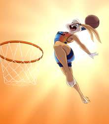 Size: 1132x1280 | Tagged: safe, artist:souleatersaku90, lola bunny (looney tunes), lagomorph, mammal, rabbit, anthro, digitigrade anthro, looney tunes, space jam, space jam: a new legacy, warner brothers, 2021, ball, basketball, basketball rim, bottomwear, breasts, buckteeth, clothes, digital art, ears, eyelashes, female, fur, gloves, hair, jumping, open mouth, pink nose, shorts, simple background, solo, solo female, sports bra, sports shorts, tail, teeth, thighs, tongue, topwear, wide hips