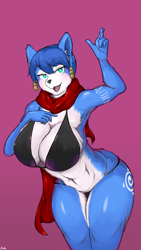 Size: 2160x3840 | Tagged: safe, artist:rusal32, krystal (star fox), canine, fox, mammal, anthro, nintendo, star fox, 2020, 9:16, absolute cleavage, bedroom eyes, belly button, bikini, black nose, blue hair, breasts, cleavage, clothes, digital art, ears, eyelashes, female, fur, hair, huge breasts, jewelry, midriff, nudity, open mouth, partial nudity, phone, scarf, simple background, solo, solo female, swimsuit, tail, thighs, tongue, tribal markings, vixen, wide hips