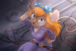 Size: 1280x854 | Tagged: safe, artist:sickrogue, gadget hackwrench (chip 'n dale: rescue rangers), mammal, mouse, rodent, anthro, chip 'n dale: rescue rangers, disney, 2d, dirty, female, goggles, goggles on head, looking at you, solo, solo female