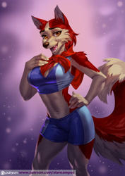 Size: 1414x2000 | Tagged: safe, artist:alanscampos, jenna (balto), canine, dog, husky, mammal, anthro, balto (series), 2018, bandanna, belly button, black nose, bottomwear, cheek fluff, chest fluff, clothes, digital art, ears, eyelashes, female, fluff, fur, hand on hip, looking at you, mature, mature female, open mouth, pose, sharp teeth, shorts, simple background, solo, solo female, sports bra, sports shorts, teeth, thighs, tongue, topwear, wide hips