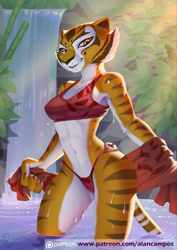 Size: 1414x2000 | Tagged: suggestive, artist:alanscampos, master tigress (kung fu panda), big cat, feline, mammal, tiger, anthro, dreamworks animation, kung fu panda, 2017, bedroom eyes, belly button, bikini, black nose, breasts, clothes, detailed background, digital art, ears, eyelashes, female, fur, lake, skinny dipping, solo, solo female, striped body, striped fur, swimsuit, thighs, towel, water, wet, wide hips