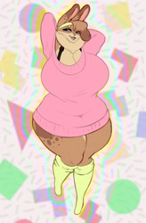 Size: 1189x1810 | Tagged: safe, artist:shakotanbunny, oc, oc:hazel (shakotanbunny), lagomorph, mammal, rabbit, anthro, arms behind head, breasts, clothes, female, fluff, huge breasts, neck fluff, solo, solo female, sweater, thick thighs, thighs, topwear, turtleneck, wide hips