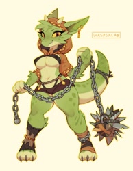 Size: 1600x2066 | Tagged: safe, artist:waspsalad, fictional species, goblin, hybrid, kobold, mammal, reptile, anthro, 2022, absolute cleavage, bottomwear, breasts, chain, cleavage, clothes, digital art, female, flail, hood, horns, jewelry, nipple outline, short shorts, shorts, simple background, solo, solo female, tail, underboob