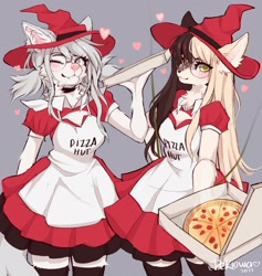 Size: 1945x2048 | Tagged: safe, artist:rekiowaa, cat, cervid, feline, mammal, anthro, pizza hut, 2021, blushing, breasts, clothes, duo, duo female, eyewear, female, females only, food, fur, glasses, hair, hat, headgear, headwear, heart, high res, long hair, looking at you, maid outfit, multicolored hair, offering, one eye closed, pepperoni, pepperoni pizza, pizza, pizza box, ponytail, round glasses, signature, simple background, two toned hair, uniform, winking, witch hat