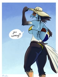 Size: 1050x1400 | Tagged: safe, artist:goolee, bird, bird of prey, secretary bird, anthro, 2022, ball, beach ball, beak, big breasts, big butt, bikini, blue eyes, breasts, butt, clothes, feathers, female, hat, headwear, looking at you, looking back, looking back at you, nudity, partial nudity, rear view, solo, solo female, sun hat, swimsuit, tail, tail feathers, thick thighs, thighs, wide hips