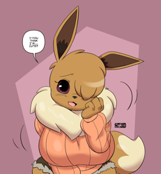 Size: 2500x2700 | Tagged: safe, artist:joaoppereiraus, eevee, eeveelution, fictional species, mammal, anthro, nintendo, pokémon, 2022, breasts, clothes, cute, ears, female, fluff, hair, hair over one eye, huge breasts, long ears, looking at you, neck fluff, smiling, smiling at you, solo, solo female, sweater, tail, topwear, wide hips