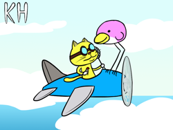 Size: 800x600 | Tagged: safe, artist:kingheron, forthington (rhythm heaven), bird, cat, feline, fictional species, huebird, mammal, feral, semi-anthro, nintendo, rhythm heaven, aircraft, airplane, ambiguous gender, cloud, duo, feathered wings, feathers, goggles, holding, holding object, male, ocean, racket, shuttlecock, sky, vehicle, water, wings