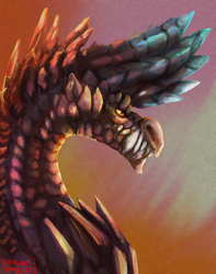 Size: 1500x1900 | Tagged: safe, dragon, fictional species, monster, monster hunter, alatreon, artistic freedom, artwork, bust, colored, digital art, fanart, fire, general, hunter, ice, mh4g, mh4u, mhrise, mhw, portrait, realism, realistic, scales, scaly, sketch