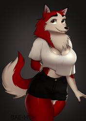 Size: 905x1280 | Tagged: safe, artist:bae-mon, jenna (balto), canine, dog, husky, mammal, anthro, balto (series), 2022, black nose, bottomwear, breasts, clothes, commission, digital art, ears, eyelashes, female, fluff, fur, mature, mature female, neck fluff, pose, shirt, shorts, simple background, solo, solo female, tail, thighs, topwear, wide hips