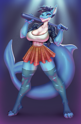 Size: 787x1200 | Tagged: safe, artist:mrincred, oc, oc only, fish, shark, anthro, digitigrade anthro, 2022, baseball bat, belly button, big breasts, bottomwear, breasts, clothes, commission, digital art, ears, eyelashes, female, fins, fish tail, hair, jacket, legwear, pose, scales, scar, shark tail, shirt, simple background, skirt, solo, solo female, stockings, tail, thighs, topwear, wide hips