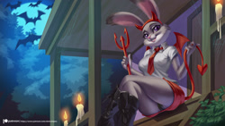 Size: 2000x1125 | Tagged: suggestive, artist:alanscampos, judy hopps (zootopia), bat, lagomorph, mammal, rabbit, anthro, disney, zootopia, 16:9, 2019, bedroom eyes, boots, bottomwear, building, butt, cameltoe, candle, clothes, costume, detailed background, devil, devil horns, devil tail, digital art, ears, eyelashes, fake horn, fake tail, fake wings, female, fur, halloween, halloween costume, holiday, house, looking at you, moon, necktie, night, panties, shirt, shoes, skirt, solo, solo female, tail, topwear, underass, underwear, wallpaper