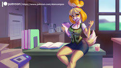 Size: 2000x1125 | Tagged: safe, artist:alanscampos, isabelle (animal crossing), canine, dog, mammal, shih tzu, anthro, animal crossing, nintendo, 2020, black nose, bottomwear, breasts, chair, clipboard, clothes, detailed background, digital art, ears, eyelashes, female, fur, hair, looking at you, office, open mouth, pose, shirt, skirt, solo, solo female, table, tail, thighs, tongue, topwear, wide hips