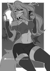 Size: 905x1280 | Tagged: safe, artist:alanscampos, loona (vivzmind), canine, fictional species, hellhound, mammal, anthro, hazbin hotel, helluva boss, 2021, bedroom eyes, belly button, black nose, blep, border, bottomwear, breasts, cell phone, clothes, collar, digital art, ears, evening gloves, eyelashes, female, fingerless gloves, fur, gloves, hair, legwear, long gloves, looking at you, middle finger, monochrome, moon, night, one eye closed, phone, shorts, sky, smartphone, solo, solo female, spiked collar, stockings, tail, tank top, thighs, tongue, tongue out, topwear, vulgar, white border, wide hips