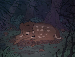 Size: 1280x978 | Tagged: safe, artist:wilddancesinfo1, bambi (bambi), cervid, deer, mammal, feral, bambi (film), disney, 2022, 2d, eyes closed, fawn, male, sleeping, solo, solo male, young