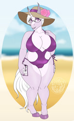 Size: 1024x1678 | Tagged: suggestive, artist:thecatnamedfish, oc, oc:wisteria thorn (tekkaman18), equine, fictional species, mammal, pony, unicorn, anthro, hasbro, my little pony, absolute cleavage, beach, big breasts, breasts, cleavage, clothes, cutie mark, female, gilf, glasses, hair, hat, headwear, hooves, mature, mature female, one-piece swimsuit, solo, solo female, sun hat, swimsuit, tail