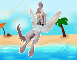Size: 3268x2560 | Tagged: safe, artist:bydena, oc, oc only, equine, fictional species, mammal, pegasus, pony, feral, semi-anthro, friendship is magic, hasbro, my little pony, 2022, armpits, beach, butterfly wings, clothes, fairy wings, female, flying, gift art, gris swimsuit meme, high res, hooves, insect wings, one-piece swimsuit, see-through, simple background, solo, solo female, spread wings, swimsuit, tail, underhoof, wings, yellow eyes