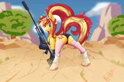 Size: 3844x2560 | Tagged: suggestive, artist:bydena, sunset shimmer (mlp), equine, fictional species, mammal, pony, unicorn, feral, friendship is magic, hasbro, my little pony, 2022, butt, clothes, cosplay, costume, female, gloves, green eyes, gun, hair, high res, horn, latex, latex gloves, latex panties, latex stockings, legwear, looking back, mare, open mouth, open smile, panties, rear view, smiling, socks, solo, solo female, stockings, tengen toppa gurren lagann, underwear, weapon, yoko littner (tengen toppa gurren lagann)