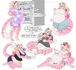 Size: 1355x1235 | Tagged: safe, artist:tiggybloom, oc, oc:marzipan (tiggybloom), big cat, feline, mammal, tiger, anthro, big belly, breasts, eating, female, food, huge breasts, pregnant, slightly chubby, solo, solo female, tail, thick thighs, thighs, wide hips
