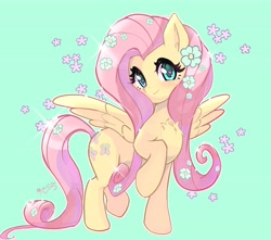Size: 4000x3540 | Tagged: safe, artist:nin10ja, fluttershy (mlp), equine, fictional species, mammal, pegasus, pony, feral, friendship is magic, hasbro, my little pony, 2022, chest fluff, cute, eyelashes, feathered wings, feathers, female, flower, flower in hair, fluff, green background, hair, hair accessory, heart, heart eyes, high res, looking at you, mane, mare, pink hair, pink mane, pink tail, plant, signature, simple background, smiling, solo, solo female, tail, wingding eyes, wings