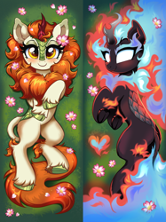 Size: 2987x4000 | Tagged: safe, artist:confetticakez, autumn blaze (mlp), equine, fictional species, kirin, mammal, feral, friendship is magic, hasbro, my little pony, 2022, blank eyes, blushing, body pillow, body pillow design, cute, duality, eyelashes, female, fire, floof, flower, grass, heart, high res, leonine tail, looking at you, nirik, pillow, plant, smiling, smiling at you, solo, solo female, tail