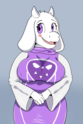 Size: 1316x1965 | Tagged: suggestive, artist:jessotter, toriel (undertale), bovid, fictional species, goat, mammal, monster, anthro, undertale, big breasts, blushing, breasts, clothes, fangs, female, floppy ears, gradient background, hands together, horns, mature, mature female, nipple outline, open mouth, open smile, purple eyes, robe, sharp teeth, smiling, solo, solo female, teeth