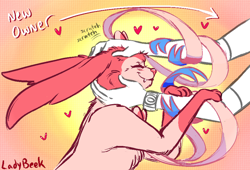 Size: 500x339 | Tagged: source needed, safe, artist:itsjustbeek, eeveelution, fictional species, human, mammal, sylveon, feral, nintendo, pokémon, blushing, chest fluff, cute, duo, english text, eyes closed, fangs, feels, fluff, happy, happy ending, head pats, heart, love heart, low res, male, offscreen character, onomatopoeia, petting, scratching, sharp teeth, signature, smiling, solo focus, teeth, text