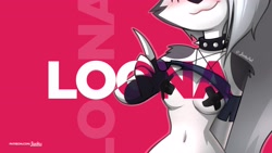Size: 3840x2160 | Tagged: suggestive, artist:jizokuart, loona (vivzmind), canine, fictional species, hellhound, mammal, anthro, hazbin hotel, helluva boss, 16:9, 2021, belly button, breasts, clothes, collar, faceless female, female, gray hair, hair, high res, nipple outline, offscreen character, pasties, shirt, shirt lift, signature, smiling, solo, solo female, spiked collar, tail, topwear, wallpaper