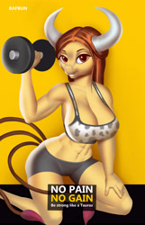Size: 3869x6000 | Tagged: safe, artist:bafbun, fictional species, mammal, tauros, anthro, nintendo, pokémon, 2022, abs, anthrofied, belly button, big breasts, bottomwear, breasts, cleavage, clothes, digital art, dumbbells, ears, eyelashes, female, fur, hair, high res, horns, kneeling, looking at you, midriff, muscles, muscular female, orange eyes, shorts, sitting, smiling, smiling at you, solo, solo female, sports bra, sports shorts, tail, thighs, topwear, wide hips