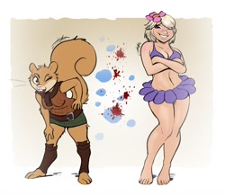 Size: 1116x969 | Tagged: safe, artist:scottyartz, ashley graham (resident evil), sandy cheeks (spongebob), human, mammal, rodent, squirrel, anthro, capcom, nickelodeon, resident evil, spongebob squarepants (series), barefoot, belly button, belt, big breasts, bikini, bikini top, blushing, breasts, buckteeth, clothes, feet, female, flower, flower in hair, hair, hair accessory, humanized, looking at you, mini skirt, one eye closed, plant, short skirt, smiling, smiling at you, solo, solo female, species swap, swimsuit, teeth, thick thighs, thighs, toes, wide hips, winking