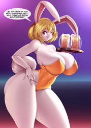 Size: 980x1365 | Tagged: safe, alternate version, artist:mleonheart, carrot (one piece), fictional species, lagomorph, mammal, mink tribe, rabbit, anthro, one piece, 2022, alcohol, beer, blonde hair, blushing, breasts, buckteeth, bunny ears, bunny suit, butt, clothes, dialogue, digital art, drink, ears, eyelashes, female, fur, hair, huge breasts, huge butt, licking, licking lips, looking at you, pink nose, pose, short tail, smiling, smiling at you, solo, solo female, speech bubble, tail, talking, teeth, text, thick thighs, thighs, tongue, tongue out, waitress, wide hips
