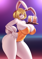 Size: 980x1365 | Tagged: safe, alternate version, artist:mleonheart, carrot (one piece), fictional species, lagomorph, mammal, mink tribe, rabbit, anthro, one piece, 2022, blonde hair, breasts, bunny suit, butt, clothes, ears, female, hair, huge breasts, huge butt, looking at you, short tail, smiling, smiling at you, solo, solo female, tail, thick thighs, thighs