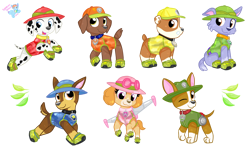 Size: 2580x1530 | Tagged: safe, artist:rainbow eevee, chase (paw patrol), marshall (paw patrol), rocky (paw patrol), rubble (paw patrol), skye (paw patrol), tracker (paw patrol), zuma (paw patrol), canine, chihuahua, cockapoo, dalmatian, dog, english bulldog, german shepherd, labrador, mammal, nickelodeon, paw patrol, camouflage, clothes, collar, female, goggles, happy, hat, headwear, jetpack, leaf, looking up, male, mix breed, shoes, simple background, smiling, transparent background, vector