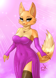 Size: 2500x3500 | Tagged: safe, artist:demonkussh, diane foxington (the bad guys), canine, fox, mammal, anthro, dreamworks animation, the bad guys, 2022, breasts, clothes, dress, ear fluff, female, fluff, looking at you, smiling, smiling at you, solo, solo female, tail, tail fluff, thighs, vixen